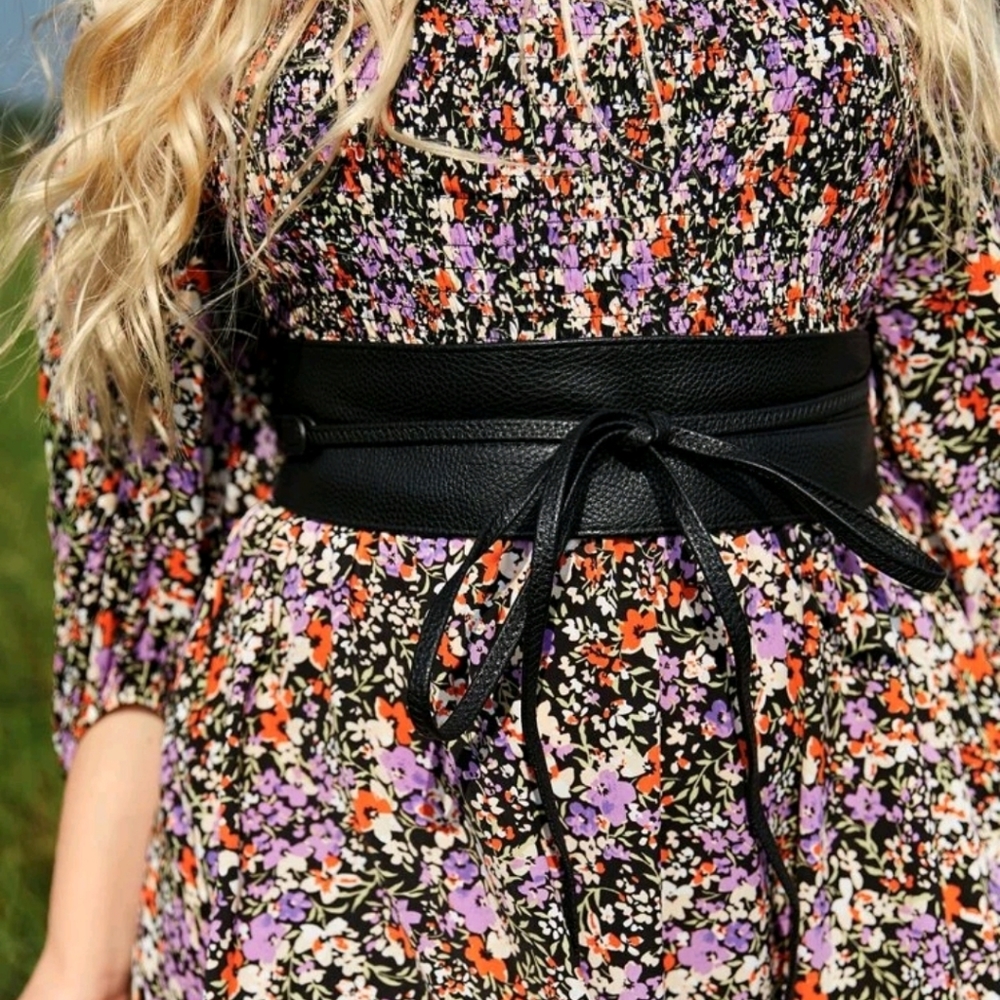 Plus Size Black vegan leather tie waist Obi belt - Picture 10 of 12